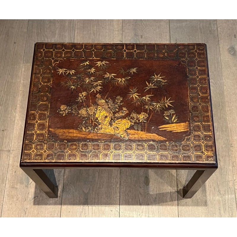 Set of Three Lacquered Nesting Tables with Chinoiserie Decoration, France circa 1940