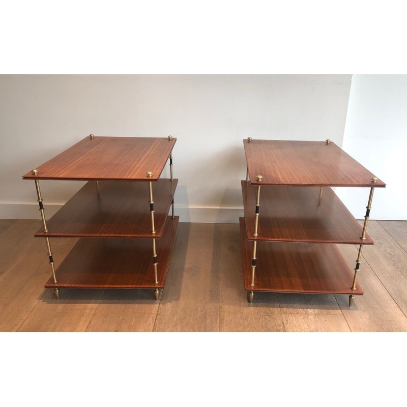 Pair of Three-Tier Mahogany & Brass Console Tables, Maison Jansen, France circa 1940