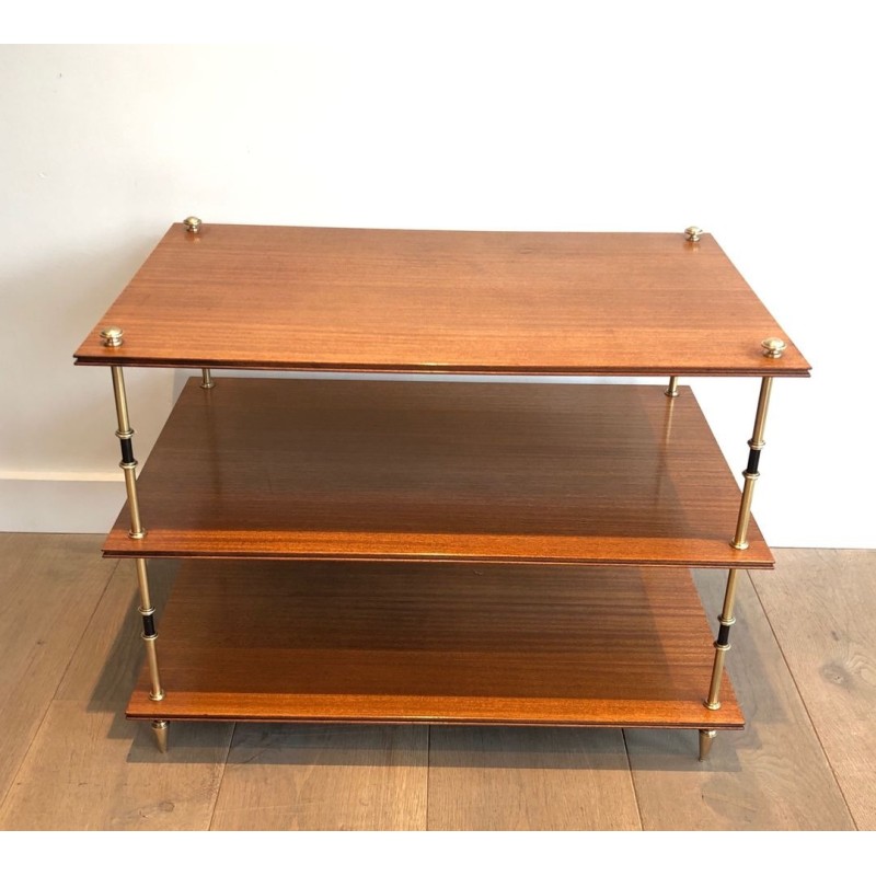 Pair of Three-Tier Mahogany & Brass Console Tables, Maison Jansen, France circa 1940