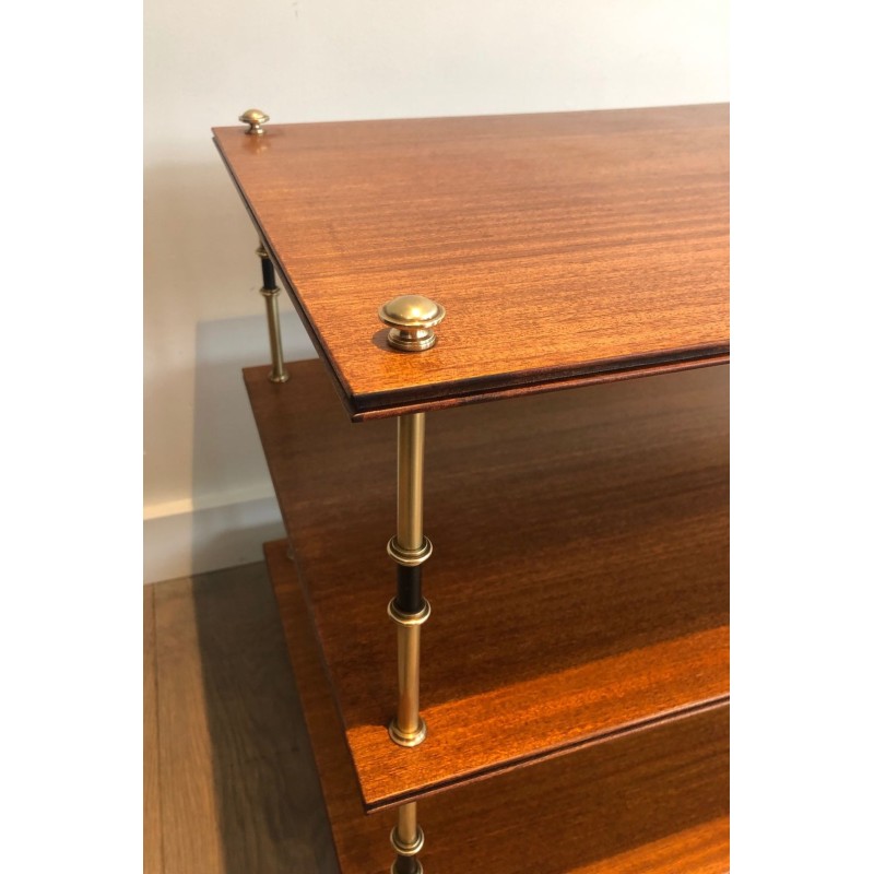 Pair of Three-Tier Mahogany & Brass Console Tables, Maison Jansen, France circa 1940