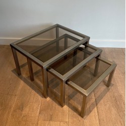 Set of Three Brushed Steel & Smoked Glass Nesting Tables, Attr. Guy Lefèvre, France c.1970