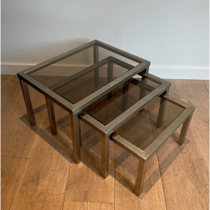 Set of Three Brushed Steel & Smoked Glass Nesting Tables, Attr. Guy Lefèvre, France c.1970