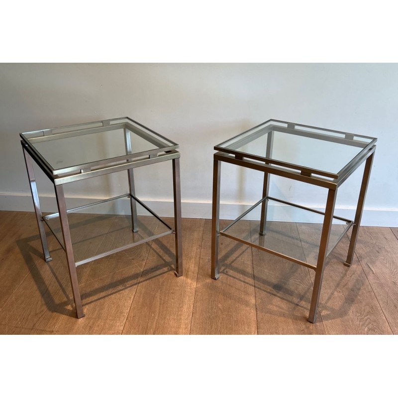 Paire de Bouts de Canapé en Acier Brossé et Verre, Guy Lefèvre pour Maison Jansen, France v.1970