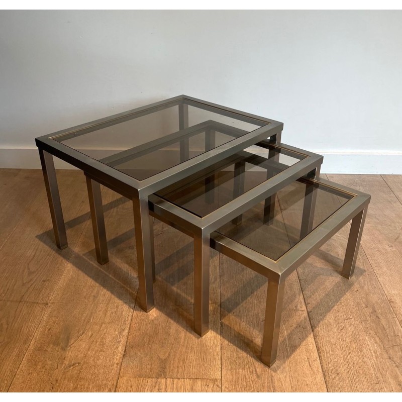 Set of Three Brushed Steel & Smoked Glass Nesting Tables, Attr. Guy Lefèvre, France c.1970