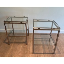 Paire de Bouts de Canapé en Acier Brossé et Verre, Guy Lefèvre pour Maison Jansen, France v.1970