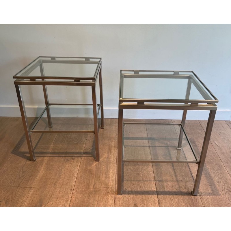 Paire de Bouts de Canapé en Acier Brossé et Verre, Guy Lefèvre pour Maison Jansen, France v.1970