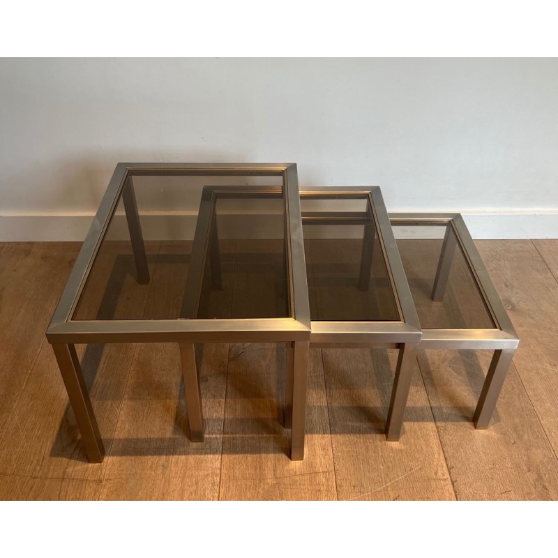 Set of Three Brushed Steel & Smoked Glass Nesting Tables, Attr. Guy Lefèvre, France c.1970