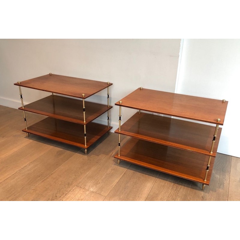 Pair of Three-Tier Mahogany & Brass Console Tables, Maison Jansen, France circa 1940
