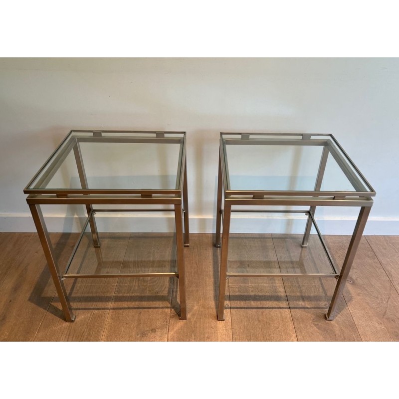 Paire de Bouts de Canapé en Acier Brossé et Verre, Guy Lefèvre pour Maison Jansen, France v.1970