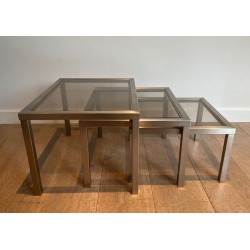 Set of Three Brushed Steel & Smoked Glass Nesting Tables, Attr. Guy Lefèvre, France c.1970