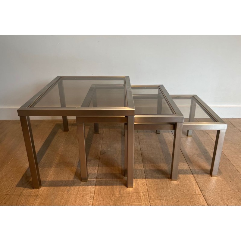 Suite de Trois Tables Gigognes en Acier Brossé et Verre Fumé, Attr. Guy Lefèvre, France v.1970