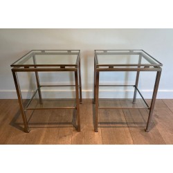 Paire de Bouts de Canapé en Acier Brossé et Verre, Guy Lefèvre pour Maison Jansen, France v.1970