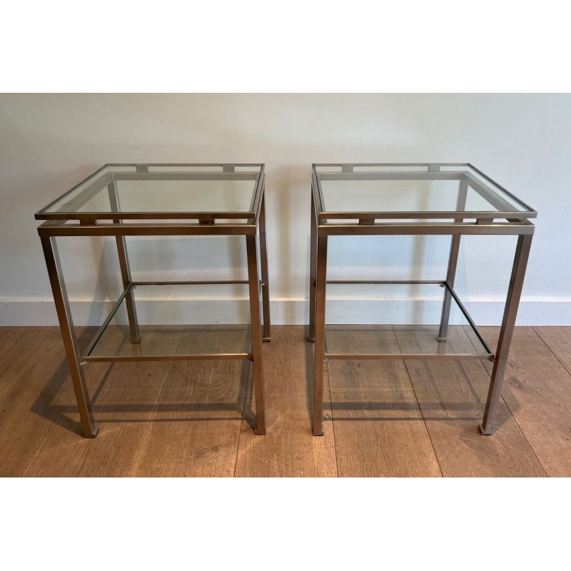 Paire de Bouts de Canapé en Acier Brossé et Verre, Guy Lefèvre pour Maison Jansen, France v.1970