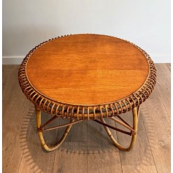 Table Basse Ronde en Rotin à Base Arquée, dans le Goût de Franco Albini, Italie vers 1950