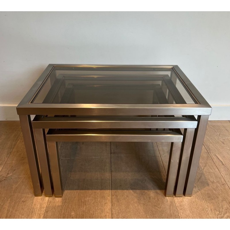 Set of Three Brushed Steel & Smoked Glass Nesting Tables, Attr. Guy Lefèvre, France c.1970