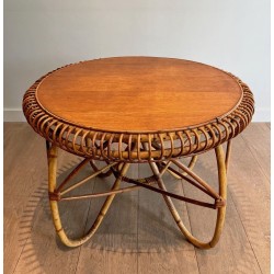 Round Rattan Coffee Table with Arched Base, in the Style of Franco Albini, Italy c.1950