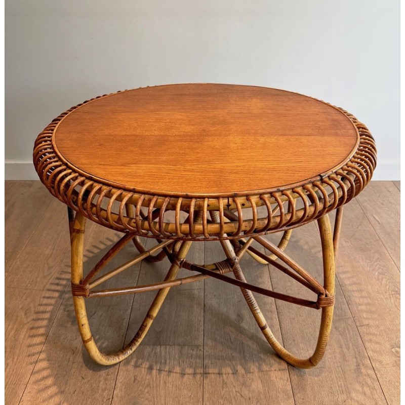 Round Rattan Coffee Table with Arched Base, in the Style of Franco Albini, Italy c.1950