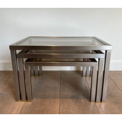 Suite de Trois Tables Gigognes en Acier Brossé et Verre Fumé, Attr. Guy Lefèvre, France v.1970