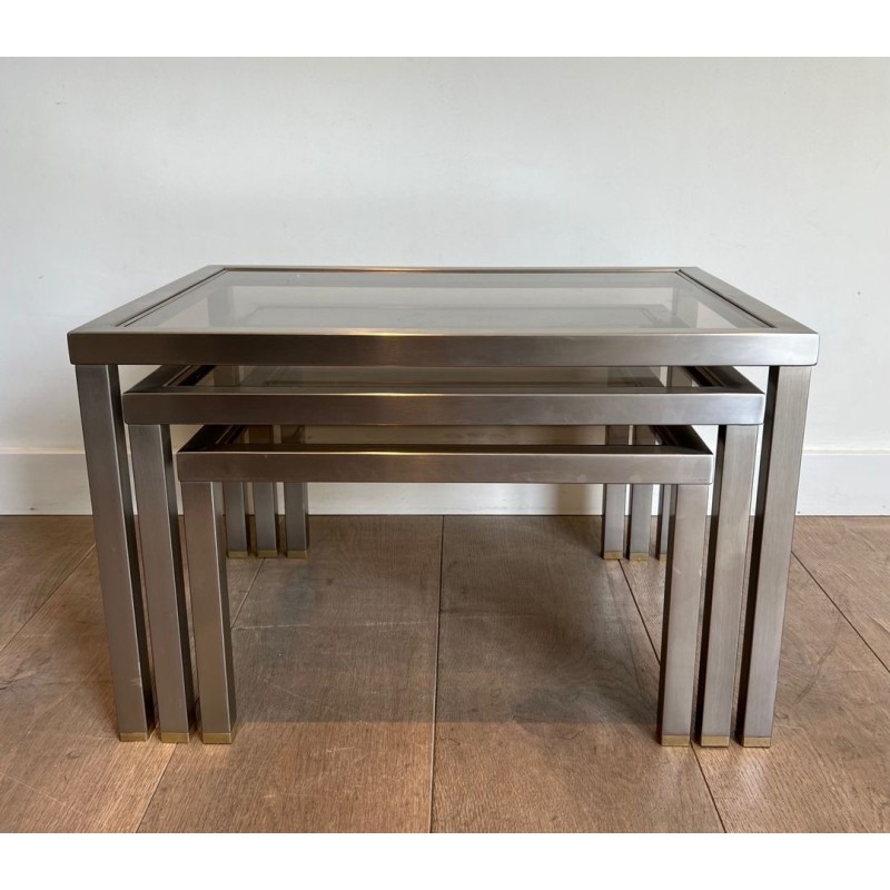 Set of Three Brushed Steel & Smoked Glass Nesting Tables, Attr. Guy Lefèvre, France c.1970