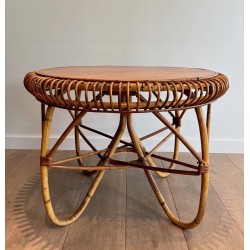 Round Rattan Coffee Table with Arched Base, in the Style of Franco Albini, Italy c.1950