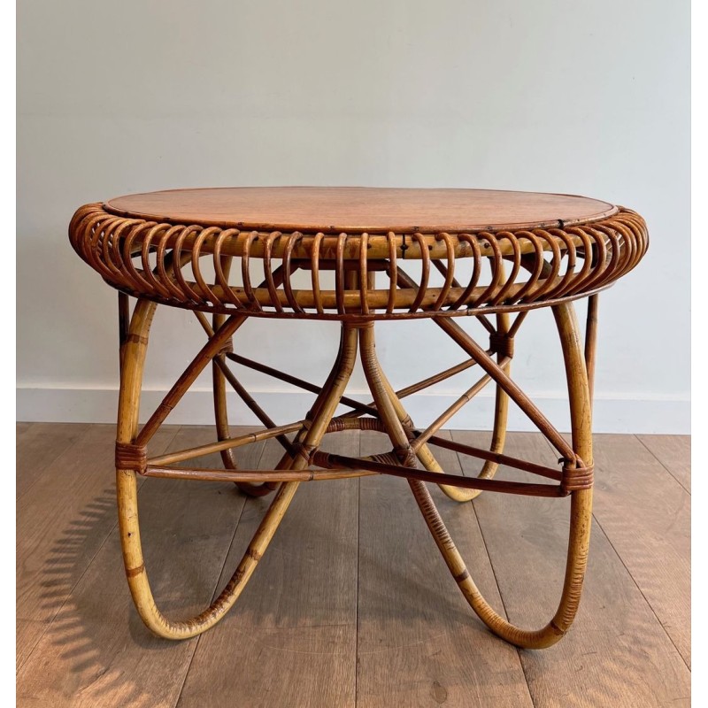 Table Basse Ronde en Rotin à Base Arquée, dans le Goût de Franco Albini, Italie vers 1950