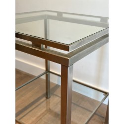 Paire de Bouts de Canapé en Acier Brossé et Verre, Guy Lefèvre pour Maison Jansen, France v.1970