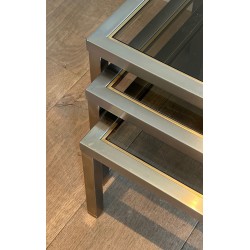 Suite de Trois Tables Gigognes en Acier Brossé et Verre Fumé, Attr. Guy Lefèvre, France v.1970