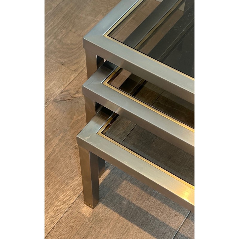 Suite de Trois Tables Gigognes en Acier Brossé et Verre Fumé, Attr. Guy Lefèvre, France v.1970