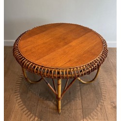 Round Rattan Coffee Table with Arched Base, in the Style of Franco Albini, Italy c.1950