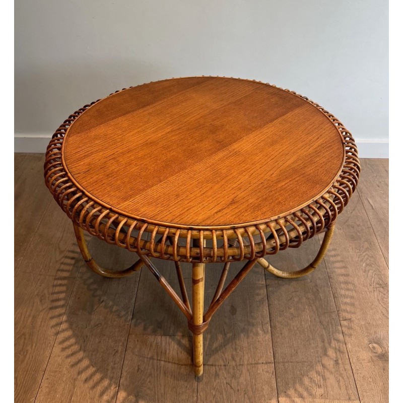 Table Basse Ronde en Rotin à Base Arquée, dans le Goût de Franco Albini, Italie vers 1950
