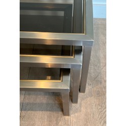 Suite de Trois Tables Gigognes en Acier Brossé et Verre Fumé, Attr. Guy Lefèvre, France v.1970