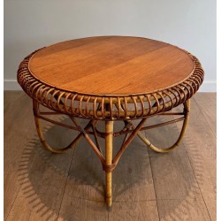 Round Rattan Coffee Table with Arched Base, in the Style of Franco Albini, Italy c.1950