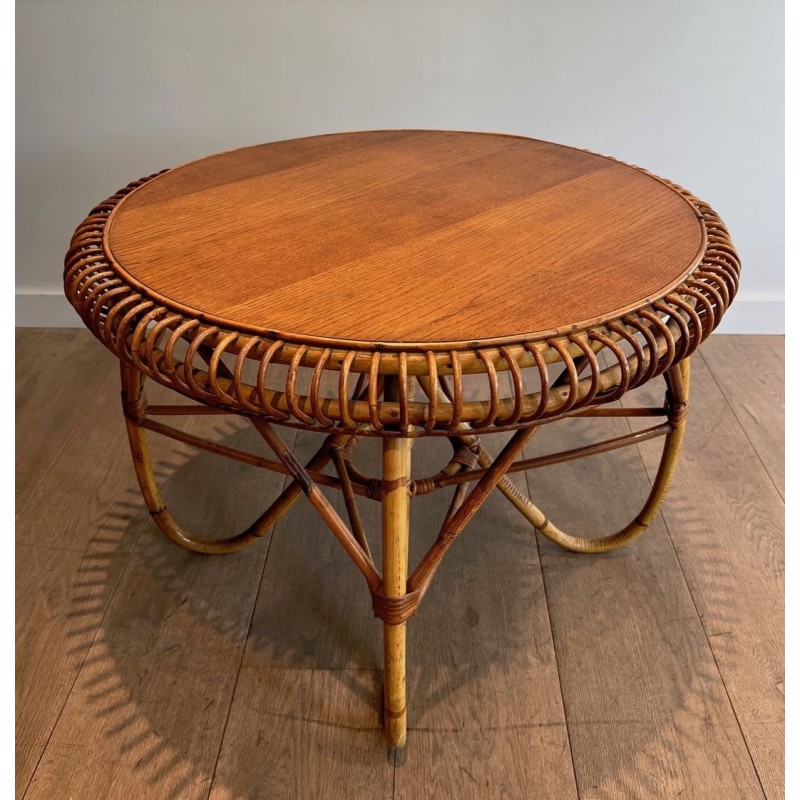 Table Basse Ronde en Rotin à Base Arquée, dans le Goût de Franco Albini, Italie vers 1950