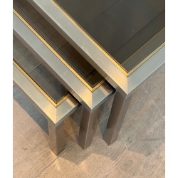 Set of Three Brushed Steel & Smoked Glass Nesting Tables, Attr. Guy Lefèvre, France c.1970