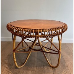 Round Rattan Coffee Table with Arched Base, in the Style of Franco Albini, Italy c.1950