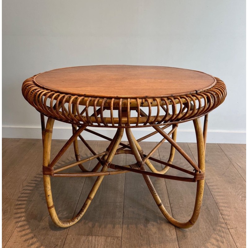 Round Rattan Coffee Table with Arched Base, in the Style of Franco Albini, Italy c.1950