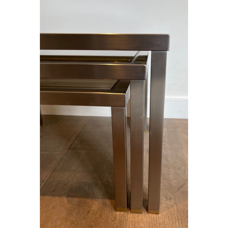 Set of Three Brushed Steel & Smoked Glass Nesting Tables, Attr. Guy Lefèvre, France c.1970
