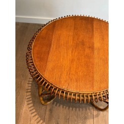 Round Rattan Coffee Table with Arched Base, in the Style of Franco Albini, Italy c.1950