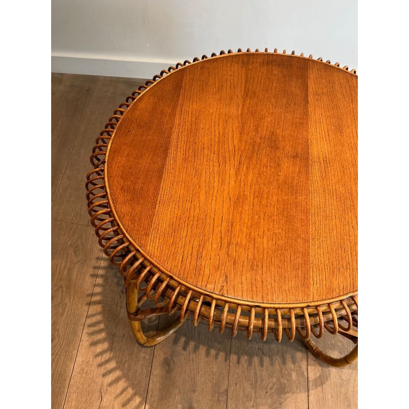 Table Basse Ronde en Rotin à Base Arquée, dans le Goût de Franco Albini, Italie vers 1950