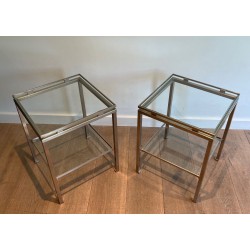 Paire de Bouts de Canapé en Acier Brossé et Verre, Guy Lefèvre pour Maison Jansen, France v.1970