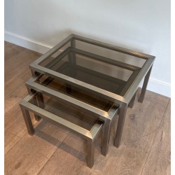 Set of Three Brushed Steel & Smoked Glass Nesting Tables, Attr. Guy Lefèvre, France c.1970