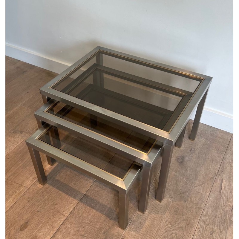 Suite de Trois Tables Gigognes en Acier Brossé et Verre Fumé, Attr. Guy Lefèvre, France v.1970