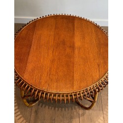 Table Basse Ronde en Rotin à Base Arquée, dans le Goût de Franco Albini, Italie vers 1950