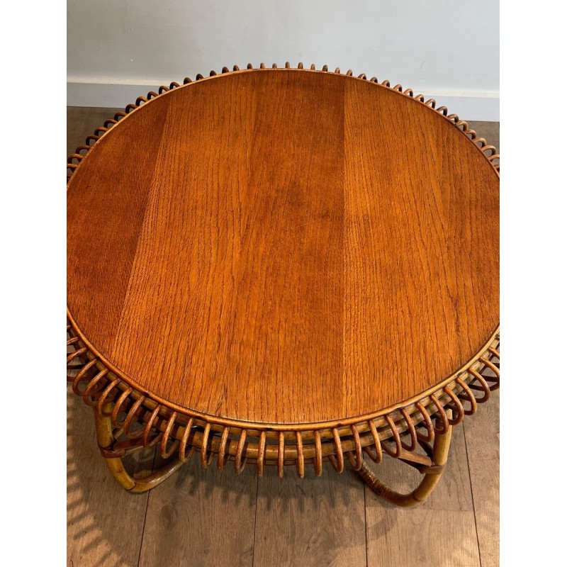 Table Basse Ronde en Rotin à Base Arquée, dans le Goût de Franco Albini, Italie vers 1950