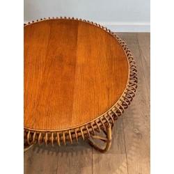Table Basse Ronde en Rotin à Base Arquée, dans le Goût de Franco Albini, Italie vers 1950