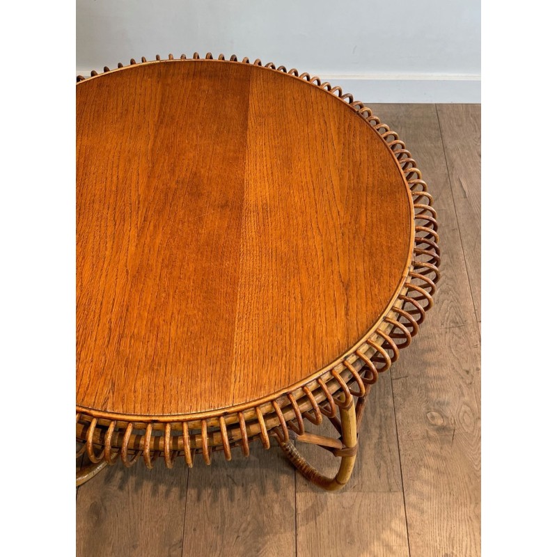 Table Basse Ronde en Rotin à Base Arquée, dans le Goût de Franco Albini, Italie vers 1950