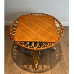 Table Basse Trampoline Ronde en Rotin à Plateau Bois Inscrit, France vers 1950
