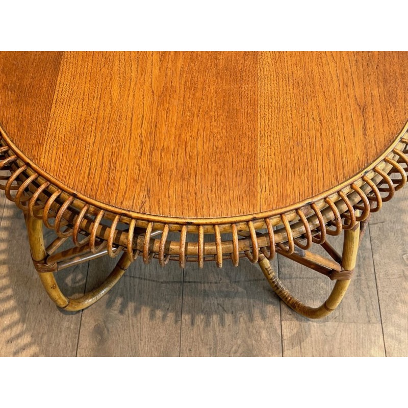 Round Rattan Coffee Table with Arched Base, in the Style of Franco Albini, Italy c.1950