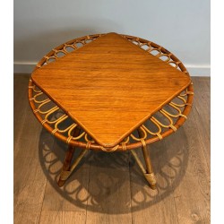 Table Basse Trampoline Ronde en Rotin à Plateau Bois Inscrit, France vers 1950