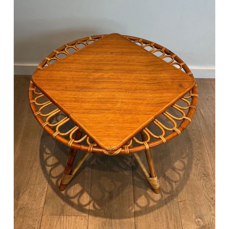 Table Basse Trampoline Ronde en Rotin à Plateau Bois Inscrit, France vers 1950